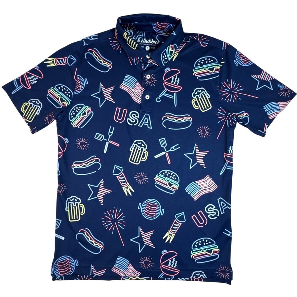 Chubbies Patriotic Light Performance Polo Mens S Navy USA Cookout Stretch